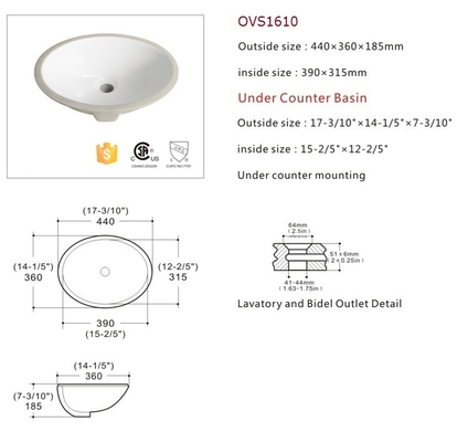 รูปวงรี Undermount อ่างล้างหน้า Fine Fireclay ก่อสร้าง One Piece อ่างล้างหน้า